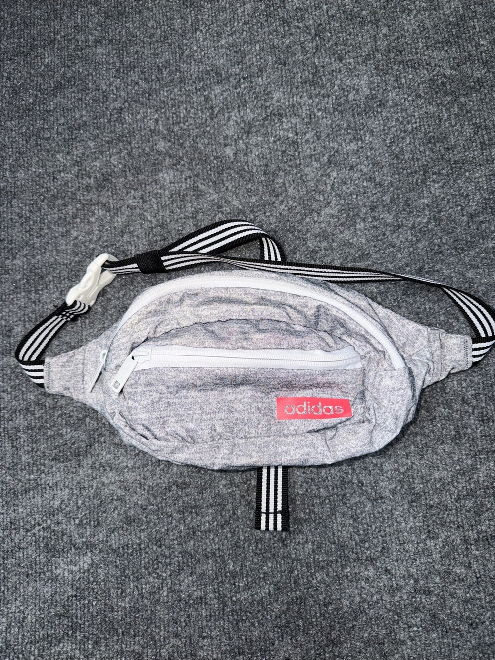 adidas Grey Belt Bag with Black-and-White Striped Strap and Pink Logo